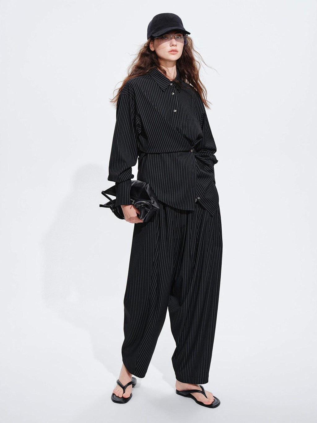 audreyyang Striped Relaxed Lapel Button Long Sleeve Casual Women Polyester Top & Pants Sets