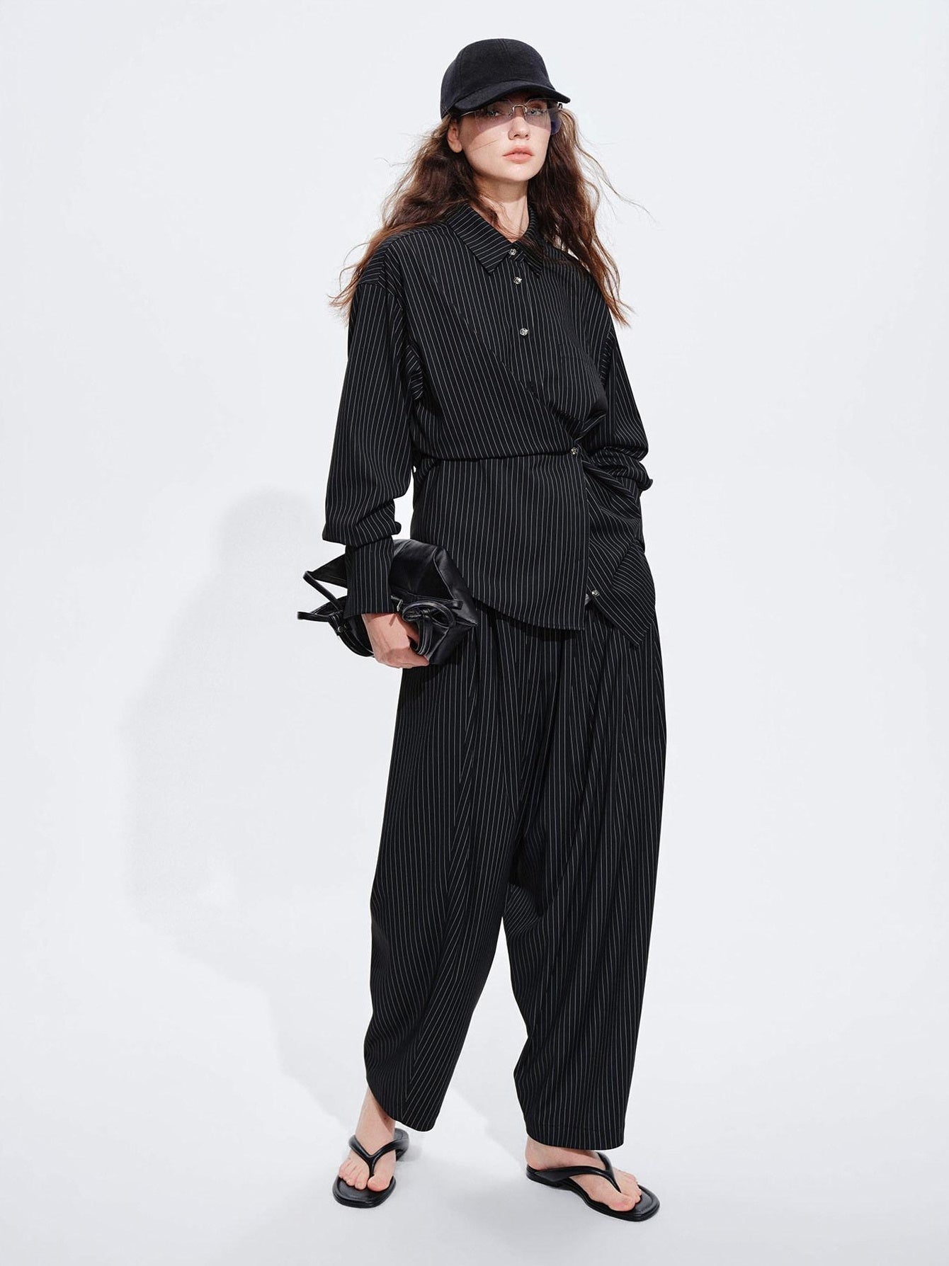 audreyyang Striped Relaxed Lapel Button Long Sleeve Casual Women Polyester Top & Pants Sets