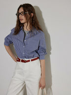 Lofi choose Flattering Plaid Minimal Collared Loose Long Sleeve Button Women Blue Shirts