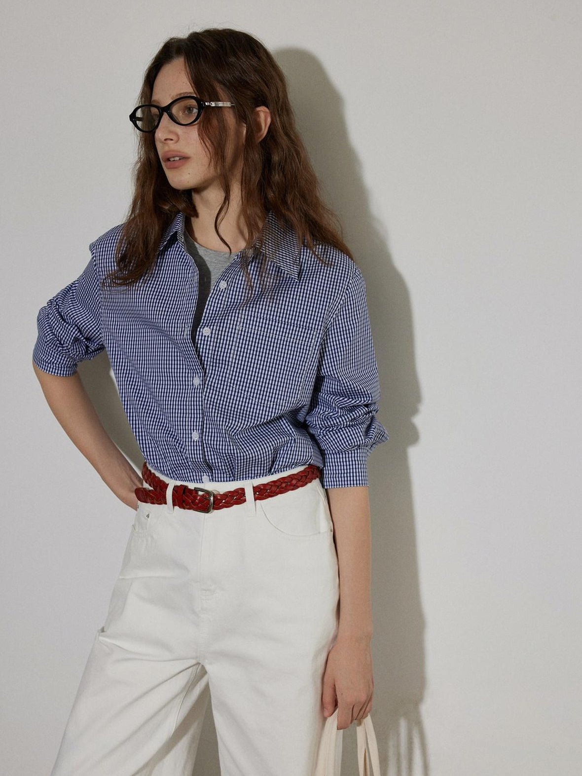 Lofi choose Flattering Plaid Minimal Collared Loose Long Sleeve Button Women Blue Shirts