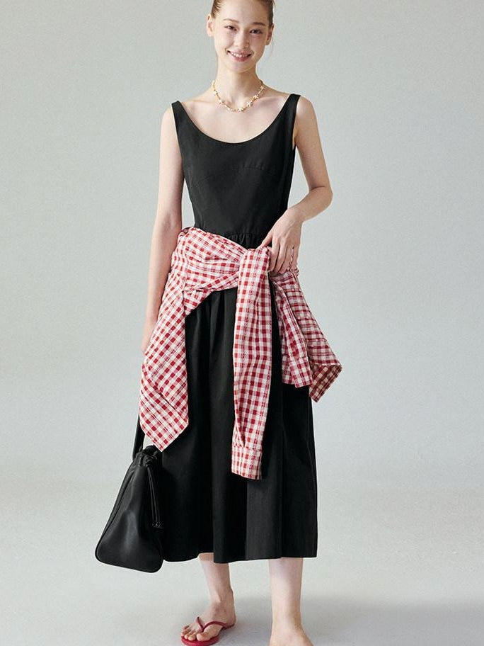 fano Pure Cotton U Neck Sleeveless A Line Korean Office Dress Women Black Maxi Dresses