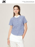 ikyou Embroidered Patchwork Straight Fit Stand Collar Short Sleeve Blue Button Blouses