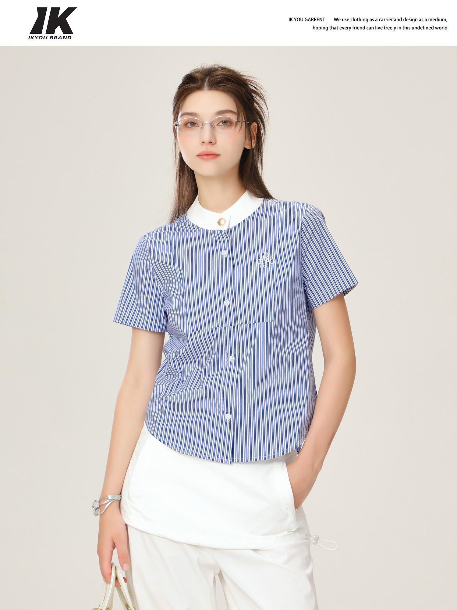 ikyou Embroidered Patchwork Straight Fit Stand Collar Short Sleeve Blue Button Blouses