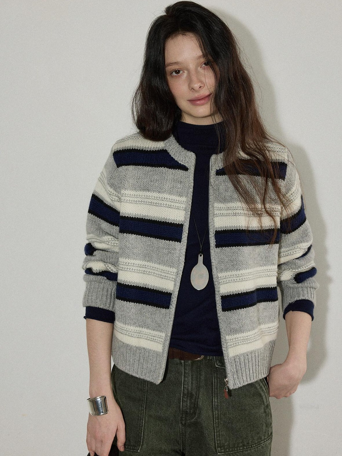Lofi choose Soft Wool Blend Commuter Loose Fit Colorblock Zip Knit For Women Cardigans