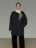 unspoken Warm Thick 3D Tailored Loose Fit Lapel Collar Commuter Women Charcoal Wool Coats