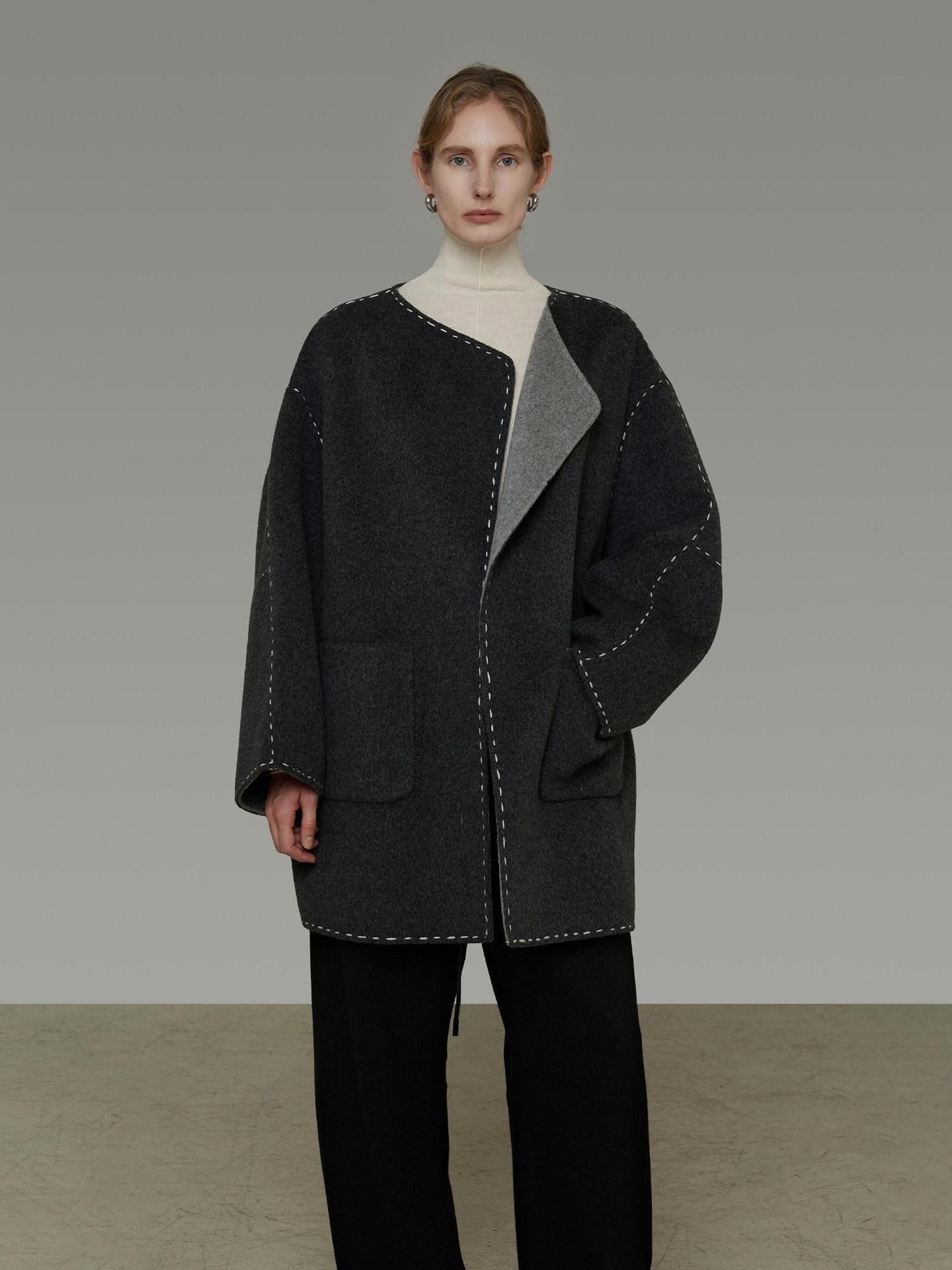 unspoken Warm Thick 3D Tailored Loose Fit Lapel Collar Commuter Women Charcoal Wool Coats