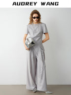 audreyyang Eco Viscose Relaxed Minimalist Workwear Natural Waist Zip Women Wide Leg Pants