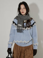 Lofi choose Soft Wool Blend Loose Fit Commuter Crewneck Pullover Blue Knit Tops Sweaters