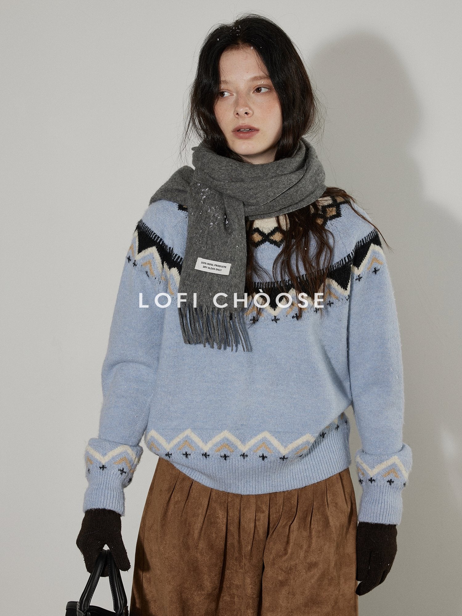 Lofi choose Soft Wool Blend Loose Fit Commuter Crewneck Pullover Blue Knit Tops Sweaters