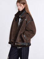 fano Chocolate Brown Fur Lined Stand Collar Loose Fit Casual Women Zip Bomber Jackets