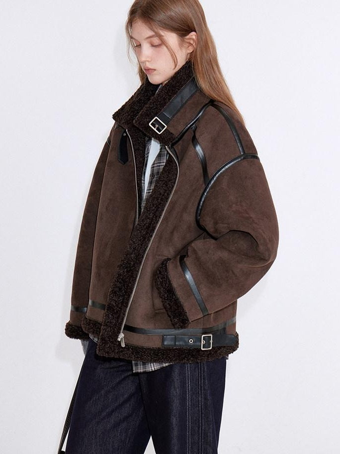 fano Chocolate Brown Fur Lined Stand Collar Loose Fit Casual Women Zip Bomber Jackets
