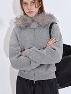 fano Detachable Zip Windproof Short Loose Casual Women Apple Shape Heather Gray Hoodie