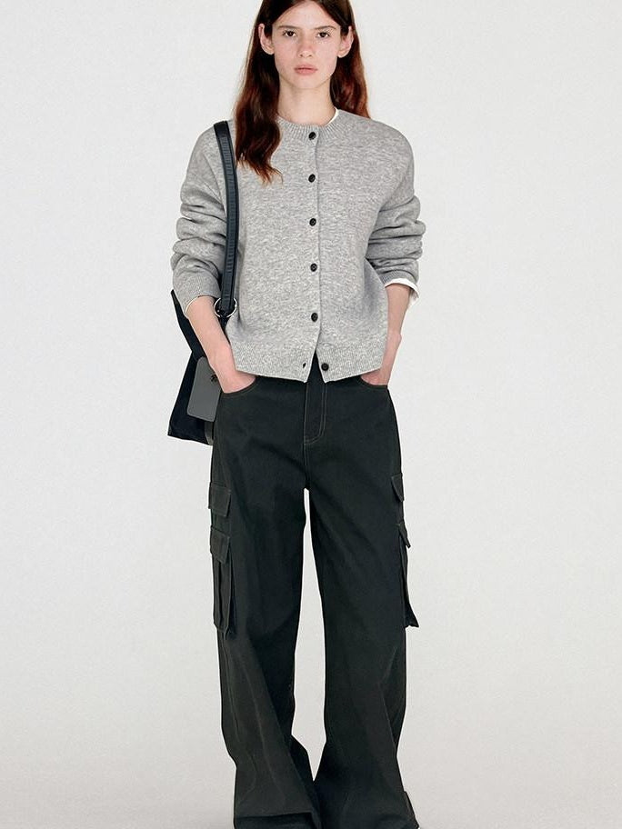 fano Thermal Wool Blend Office Straight Crew Neck Women Light Gray Cardigans