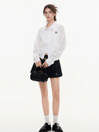 ikyou Breathable Lyocell Embroidered Slim Lapel Cardigan Short Work Women Shirts