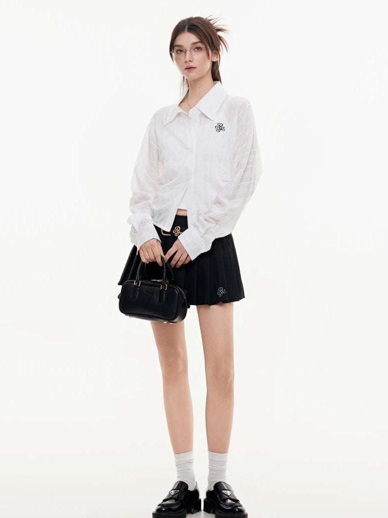 ikyou Breathable Lyocell Embroidered Slim Lapel Cardigan Short Work Women Shirts
