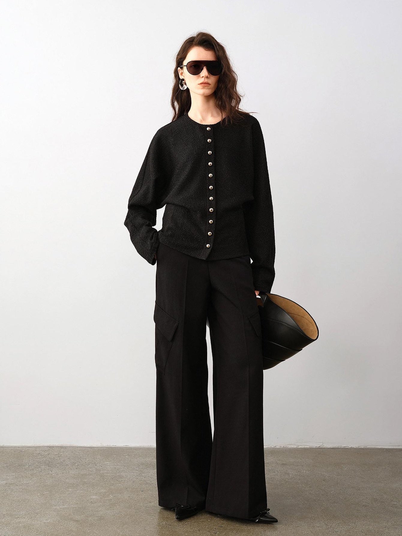 audreyyang High Waist Korean Workwear Black Polyester Viscose Wide Leg Pants