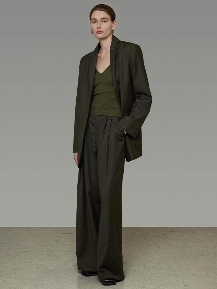 unspoken Breathable Dark Green Loose Lapel Blazer High Waist Casual Top & Skirt Sets