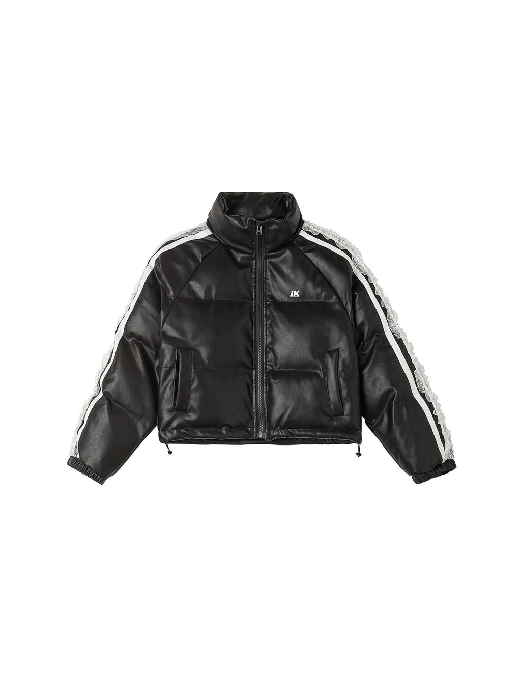 ikyou Thick Pu Leather Short Zip Stand Collar Straight Commuter Black Puffer Jackets