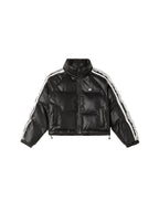 ikyou Thick Pu Leather Short Zip Stand Collar Straight Commuter Black Puffer Jackets