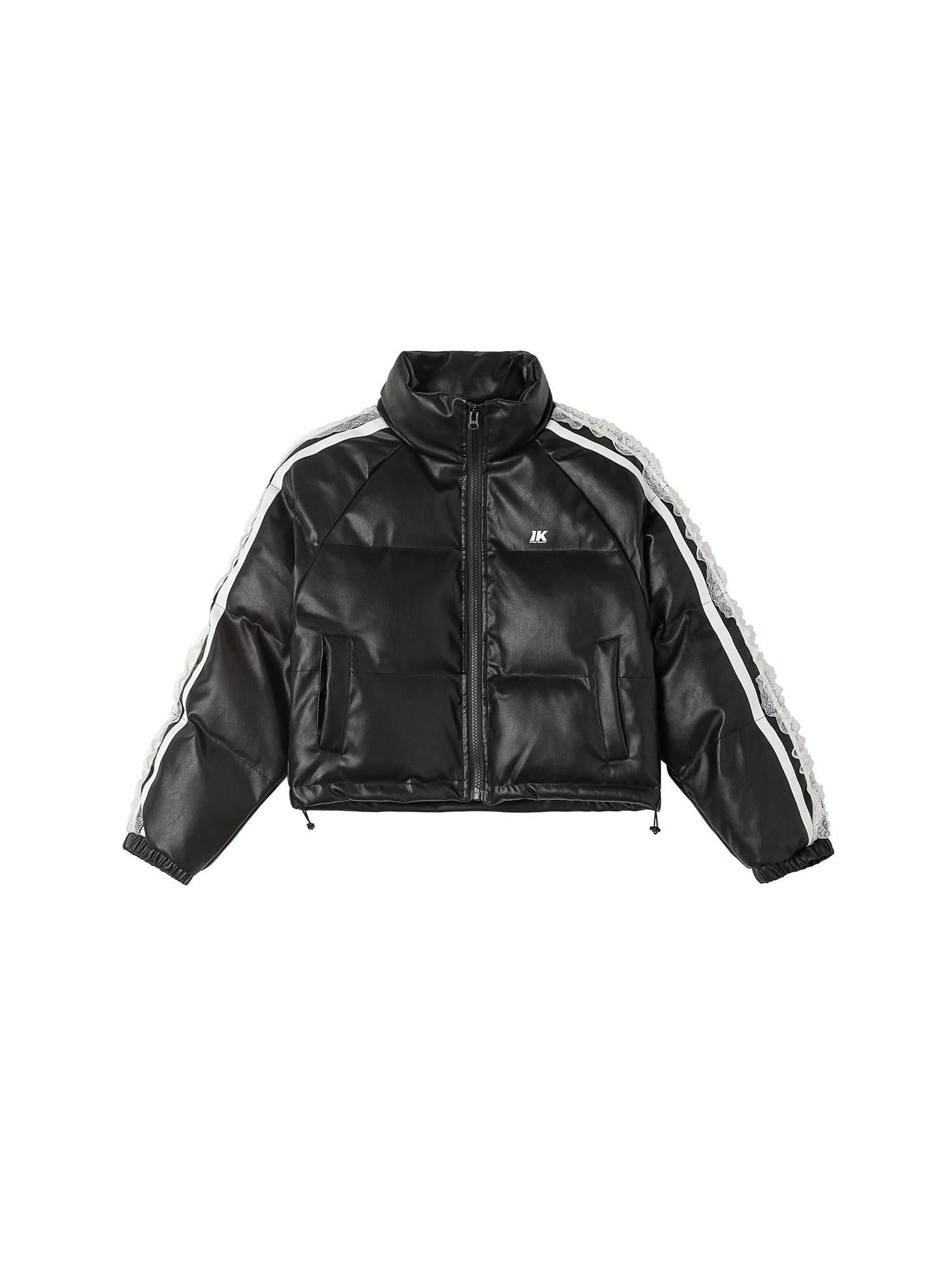 ikyou Thick Pu Leather Short Zip Stand Collar Straight Commuter Black Puffer Jackets