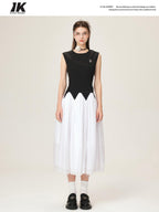 ikyou Office Minimal 3D Detail A Line Sleeveless Round Neck Black White Maxi Dresses