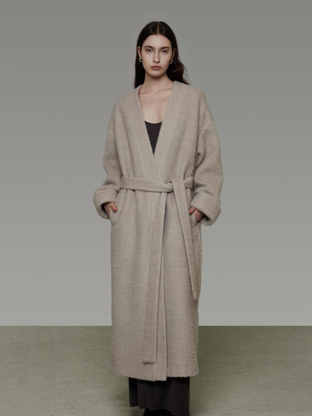 unspoken Cozy Sheepswool Belted Loose Fit Minimal Office V-neck Mid Length Wool Coats