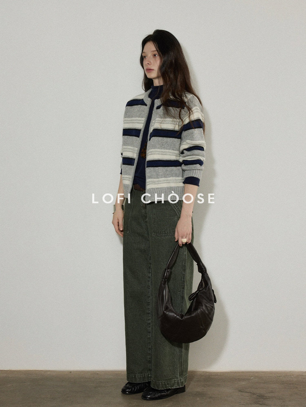 Lofi choose Soft Wool Blend Commuter Loose Fit Colorblock Zip Knit For Women Cardigans
