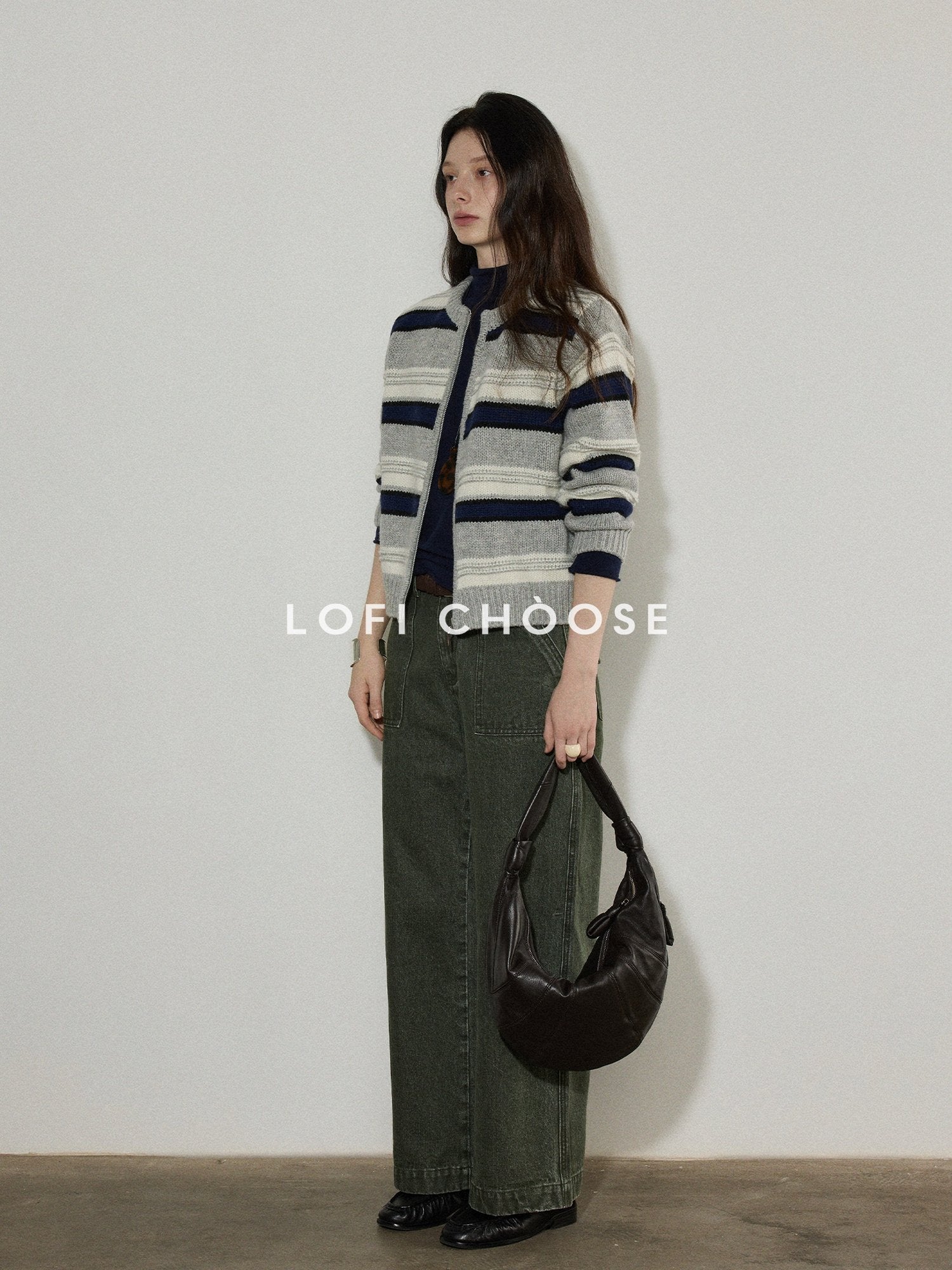 Lofi choose Soft Wool Blend Commuter Loose Fit Colorblock Zip Knit For Women Cardigans