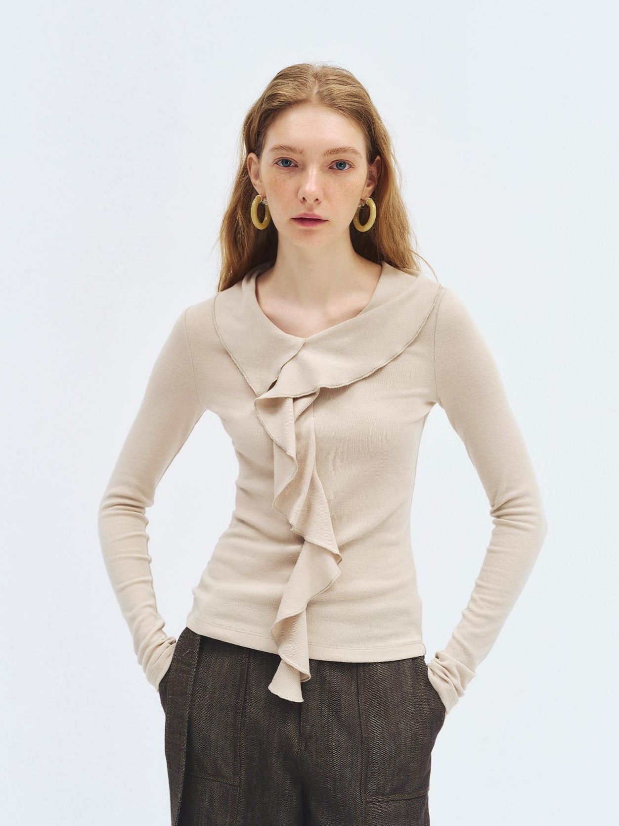 someonesometimes Soft Stretch Knit Slim Fit Casual V-neck Women Sand Long Sleeve T-Shirts