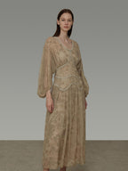 unspoken Casual Jacquard A Line Natural Waist Long Sleeve U Neck Khaki Women Maxi Dresses