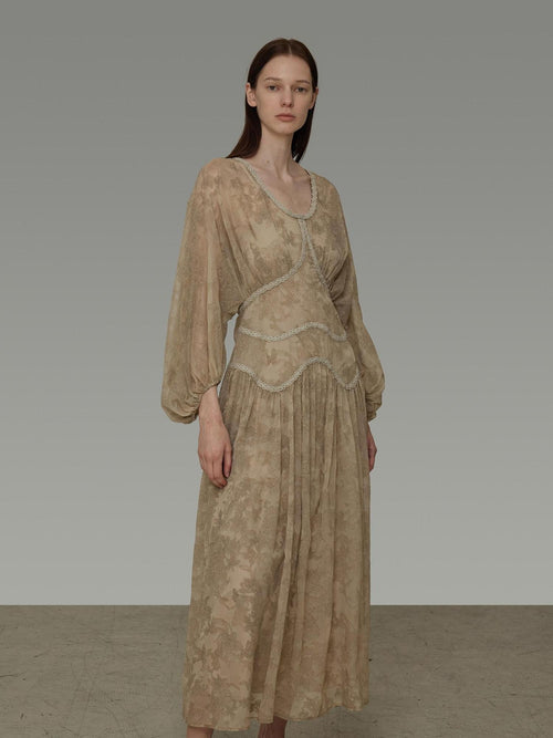 unspoken Casual Jacquard A Line Natural Waist Long Sleeve U Neck Khaki Women Maxi Dresses