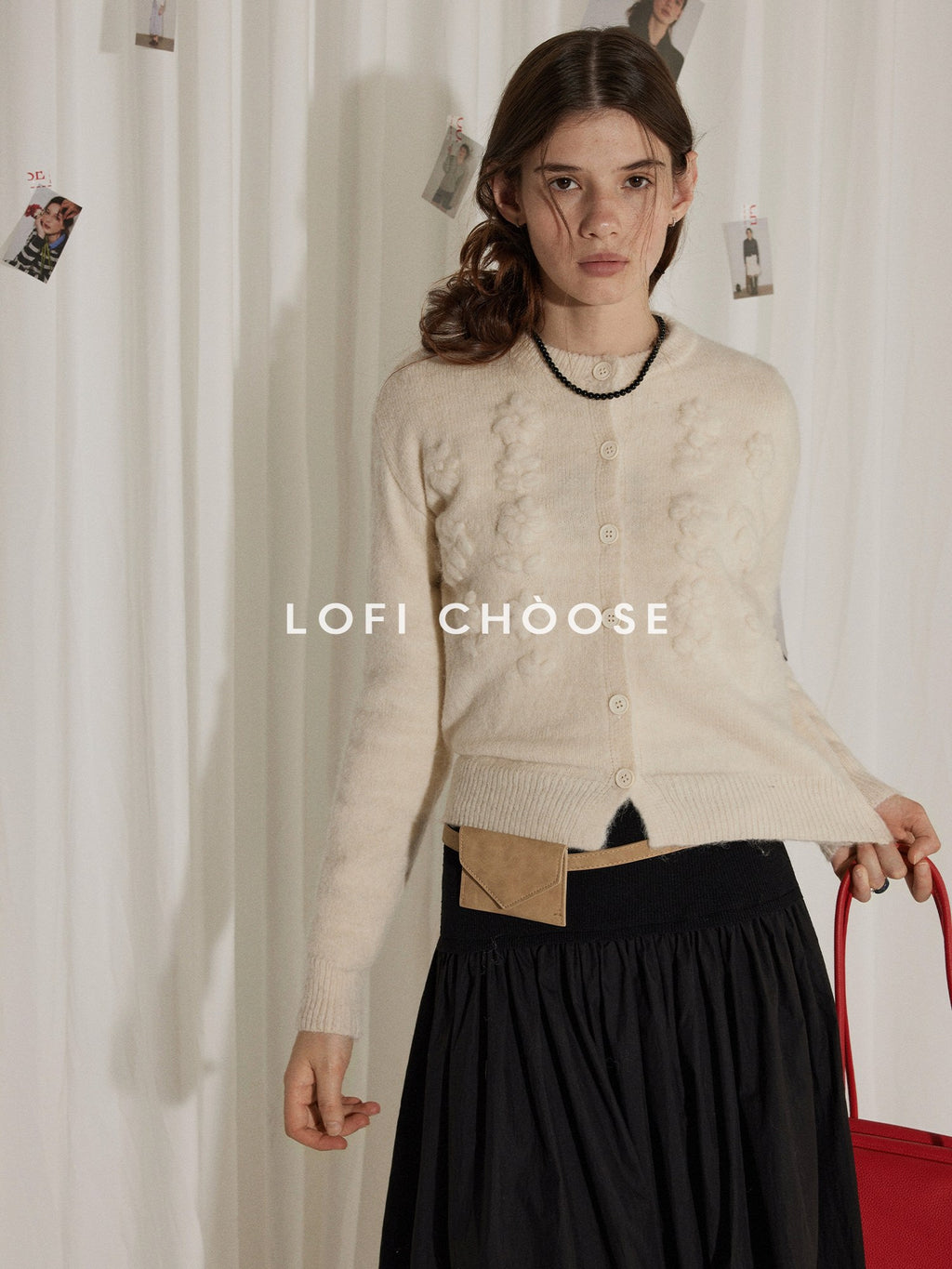 Lofi choose Soft Pearl White Floral Knit Casual Relaxed Button Front Round Neck Women Cardigans