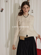 Lofi choose Soft Pearl White Floral Knit Casual Relaxed Button Front Round Neck Women Cardigans