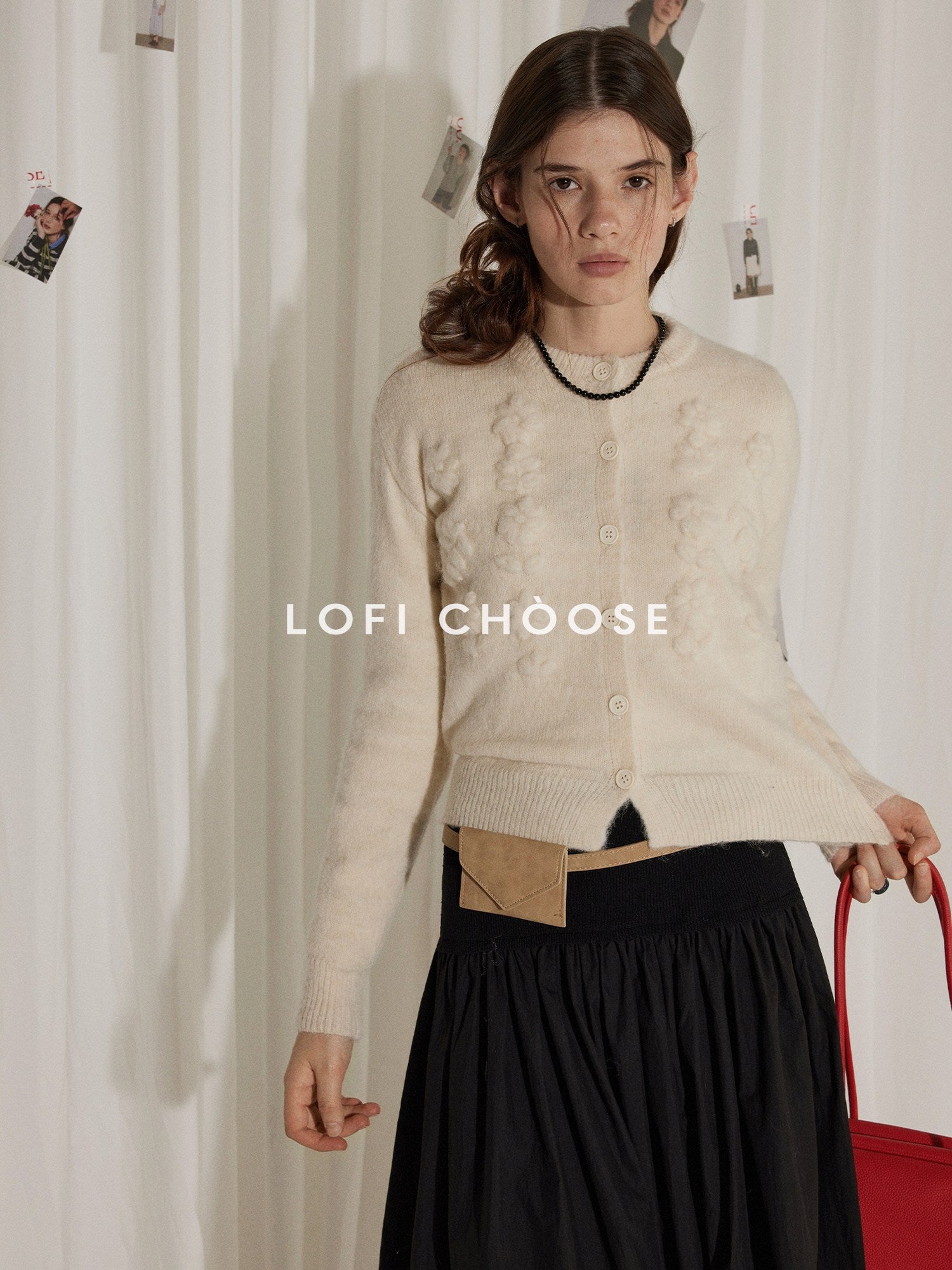 Lofi choose Soft Pearl White Floral Knit Casual Relaxed Button Front Round Neck Women Cardigans