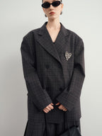 audreyyang Vintage Plaid Double Breasted Loose Fit Lapel Women Work Gray Blazers