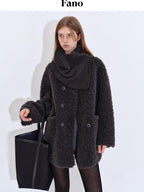 fano Cozy Faux Shearling Lined Loose Fit Double Breasted Midlength Women Long Coats