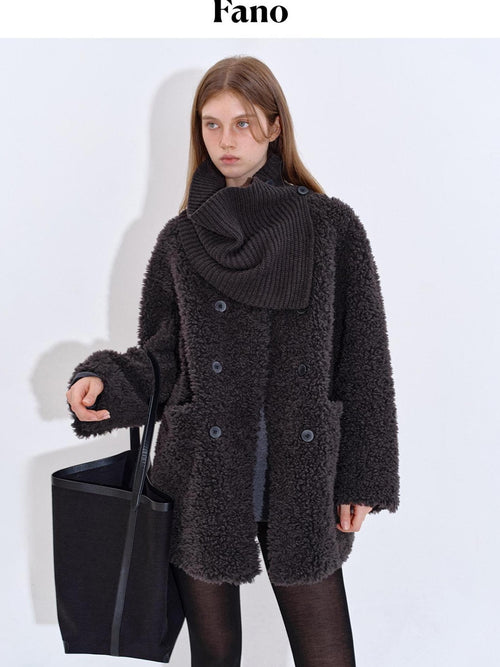 fano Cozy Faux Shearling Lined Loose Fit Double Breasted Midlength Women Long Coats