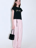 fano Creative Print Soft Cotton Blend Fitted Korean Black Long Sleeve Crop Tops
