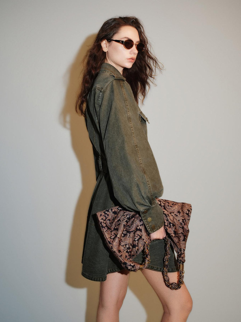 audreyyang Pure Cotton Relaxed Utility Button Women Military Green Denim Jackets