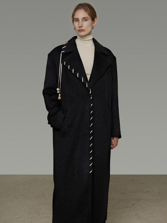 unspoken Sheep Wool Blend 3D Cut Straight Office Black Lapel Long Sleeve Long Coats