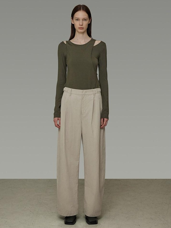 unspoken Pleated Natural Waist Minimalist Loose Women Khaki Zipper Wide Leg Pants