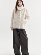fano Soft Beige Minimalist Lapel Collar Loose Fit Young Women Everyday Short Coat