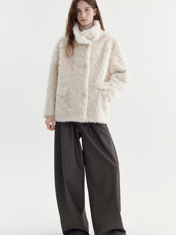 fano Soft Beige Minimalist Lapel Collar Loose Fit Young Women Everyday Short Coat