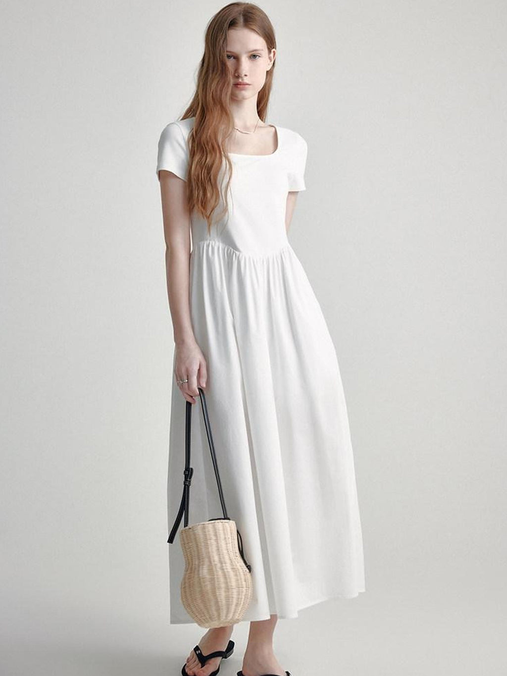 fano Cotton High Waist A Line Square Neck Short Sleeve Office Casual Maxi Dresses