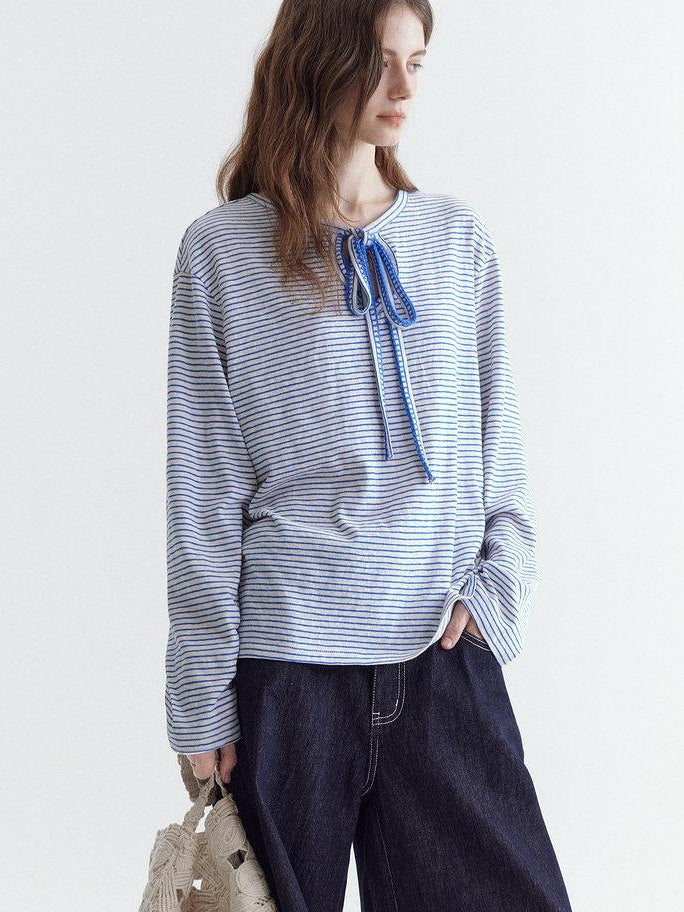 fano Space Cotton Blue White Fine Stripe Office Women Long Sleeve T-Shirts