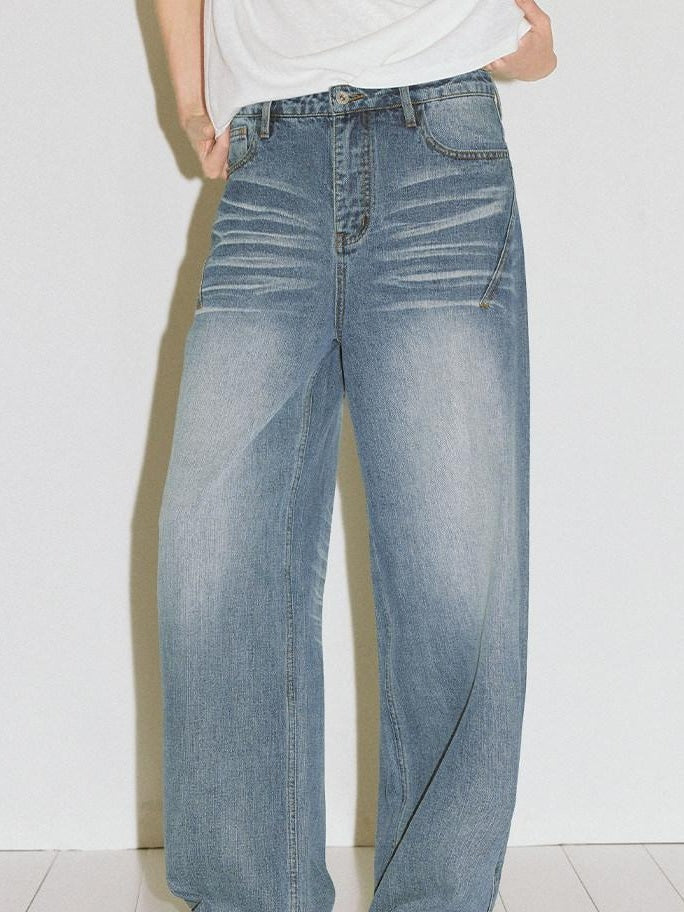 fano High Waist Wide Leg Zipper Fly Loose Light Blue Denim Straight Leg Jeans