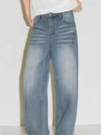 fano High Waist Wide Leg Zipper Fly Loose Light Blue Denim Straight Leg Jeans