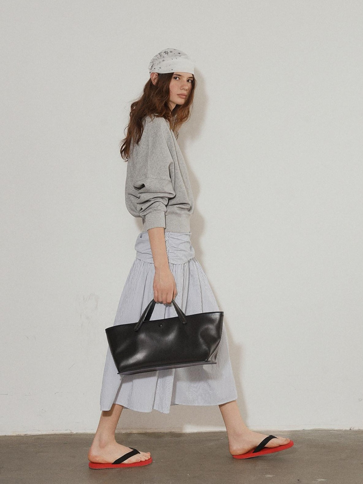 Lofi choose High Waist Cotton Comfort Pleated Loose Fit Office Women Blue Stripe Midi Skirts