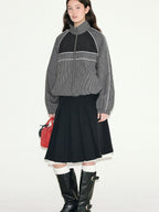 fano Sweet Lace Pleated Mid Waist Paneled Casual Women Black Midi Skirts