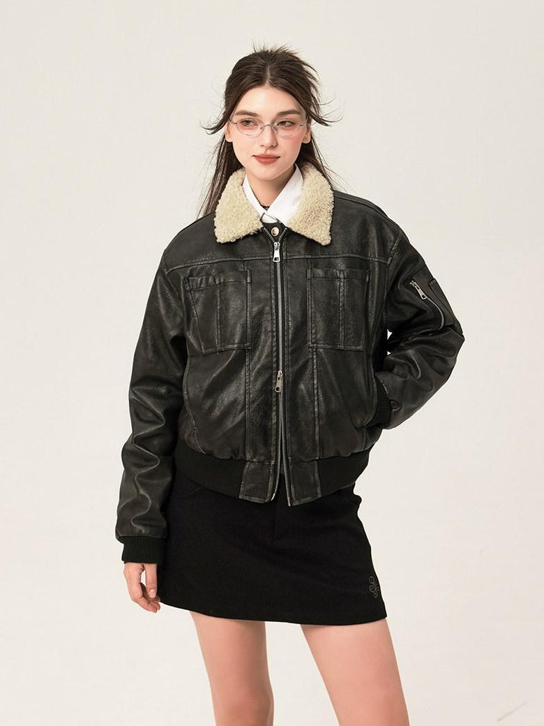 ikyou Thick Distressed Pu Patchwork Straight Zip Pockets Minimalist Leather Jackets